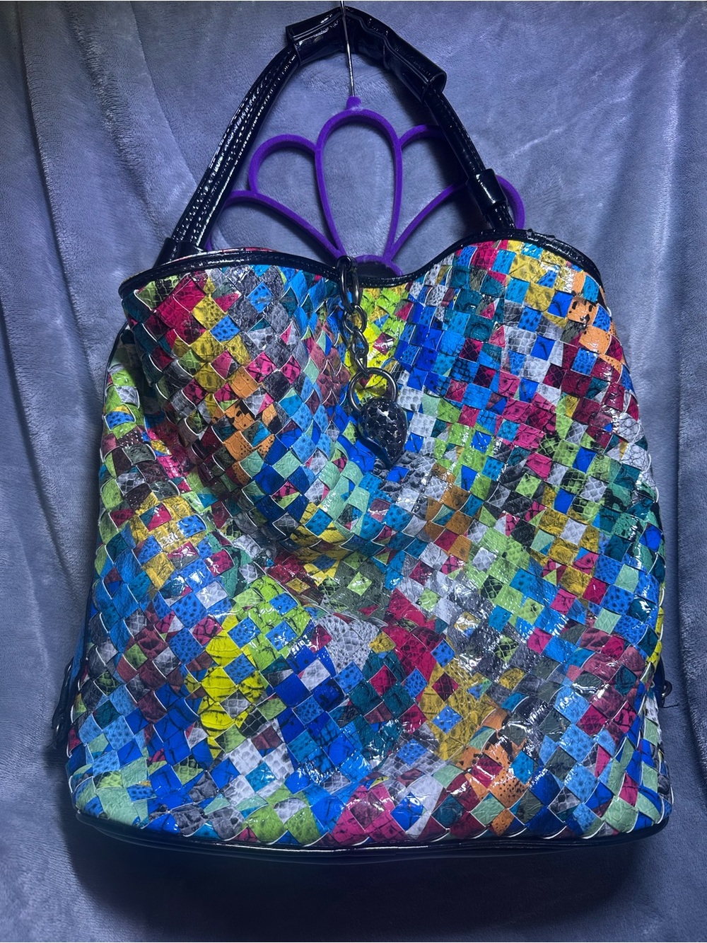 Multicolor Woven Patent Tote Bag with Black Handles
